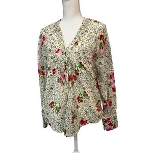 Souvenir Clubbing Blouse Star Red Flower Cotton Print V-Neck Long Sleeves SZ M
